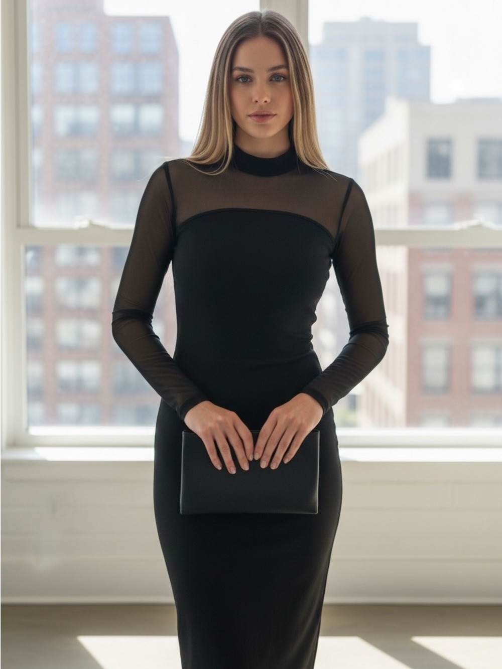 H&M Black Mesh-Yoke Midi Dress